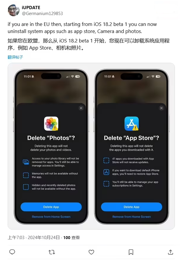 临城苹果手机维修分享iOS 18.2 支持删除 App Store 应用商店 
